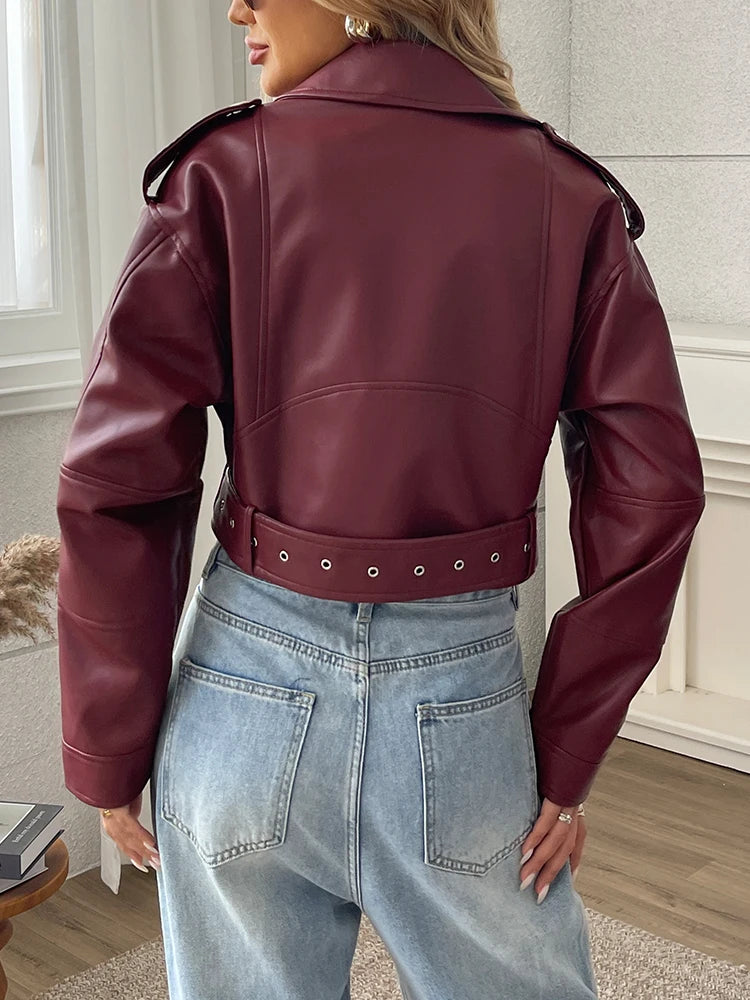 Women's Cropped Burgundy Faux Leather Moto Jacket - Belted PU Leather Biker Jacket