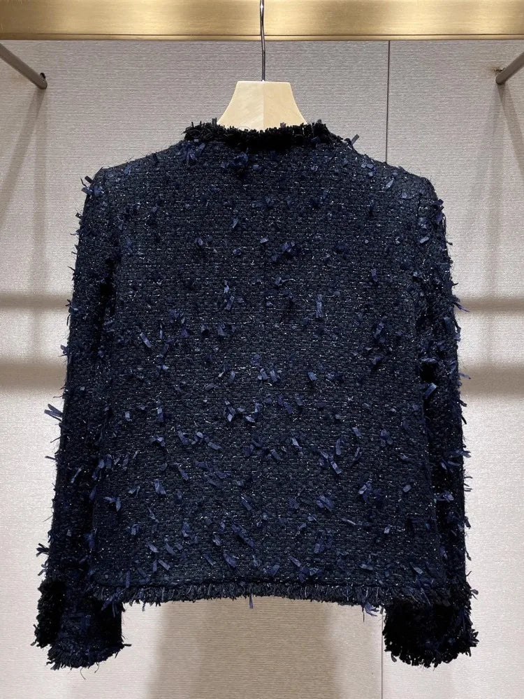 Elegant Women Autumn O Neck Diamonds Single Breasted Tweed Jacket