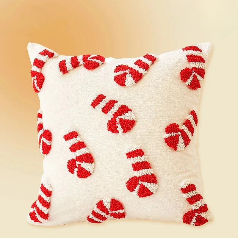 Christmas Tufted Cushion Cover 45×45cm, Red & White 3D Candy Cane & Santa Hat Embroidered Pillowcase, Festive Holiday Throw Pillow Cover for Sofa, Chair, Car & Home Decor