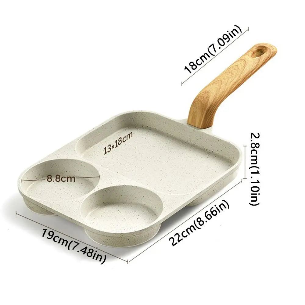 3-in-1 Nonstick Breakfast Frying Pan – Multi-Section Aluminum Egg & Breakfast Skillet with Wooden Handle, 22 × 19cm