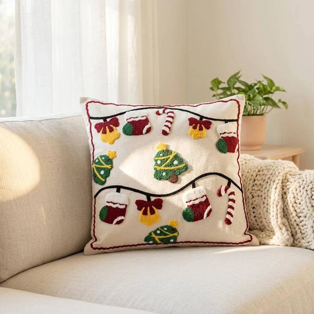 Christmas Embroidered Throw Pillow Cover 45×45cm – Festive Jacquard Cushion Case with Hidden Zipper for Sofa, Bed & Home Decor