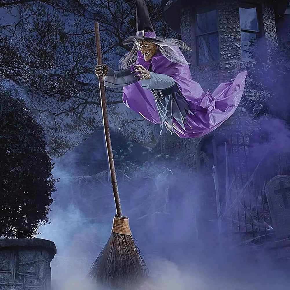 Halloween Props Flying Witch Decoration with Scary Sounds and Lights Fun Costumes Flying Scary Witch for Garden Yard Lawn Indoor