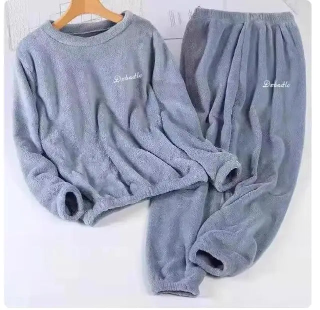 2026 Autumn Winter Couple Pajamas Sets Casual Warm Flannel Pajamas Loose O-neck Tops+Pants Men and Women Sleepwear Two Piece Set