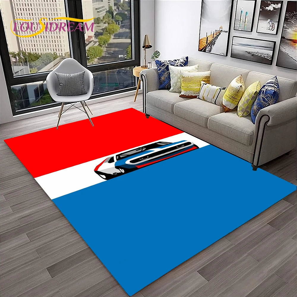Sports Car Racing Rug, 3D Printed Cartoon Polyester Crystal Velvet Carpet with Non-Woven Backing, Kids Playroom Floor Mat for Bedroom, Living Room & Home Decor