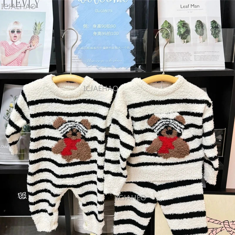 Family Matching Pajamas Set Children Homewear Sleepwear Two-Piece Loungewear Striped Bear Print Mom Dad and Kids Adult Winter