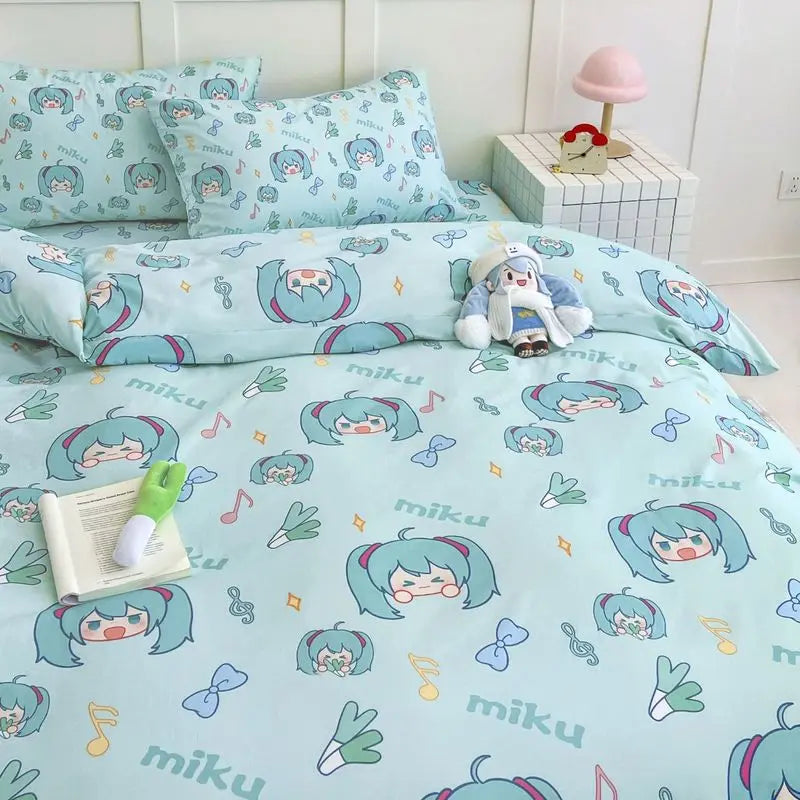 Miku Anime Bedding Set – 4-Piece Cartoon Duvet Cover, Bed Sheet & Pillowcase Set, Cute Japanese-Inspired Bedding for Bedroom & Dorm