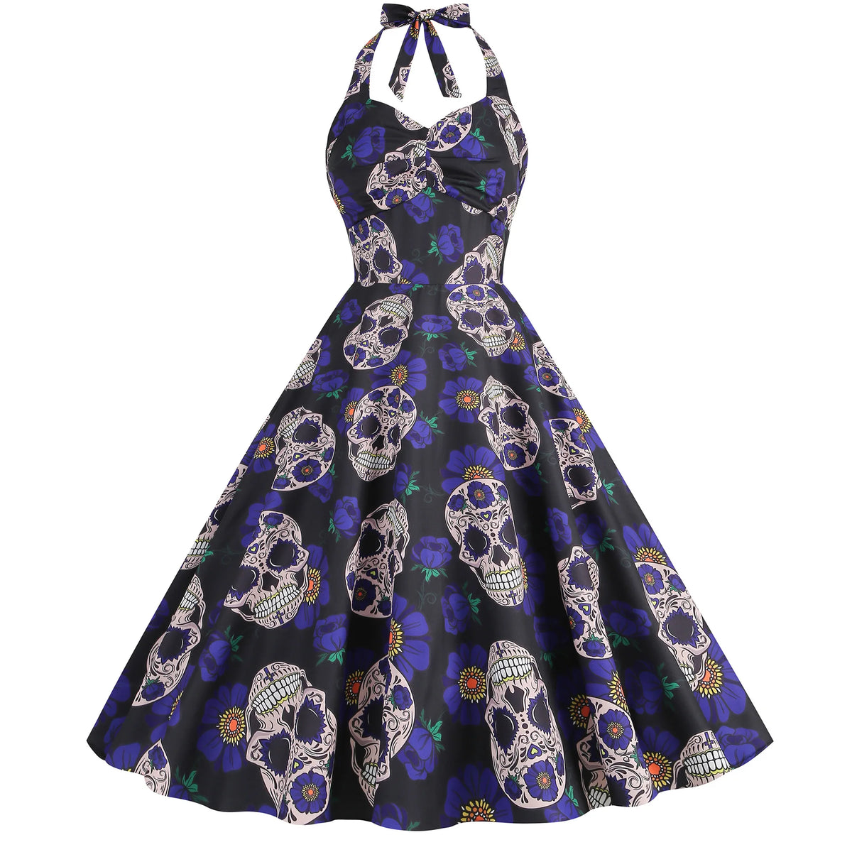 Halloween Costumes for Women Skull Print Halter Dress Sleeveless Tunic Vintage Party Dresses Goth Clothes Masquerade Vestidos