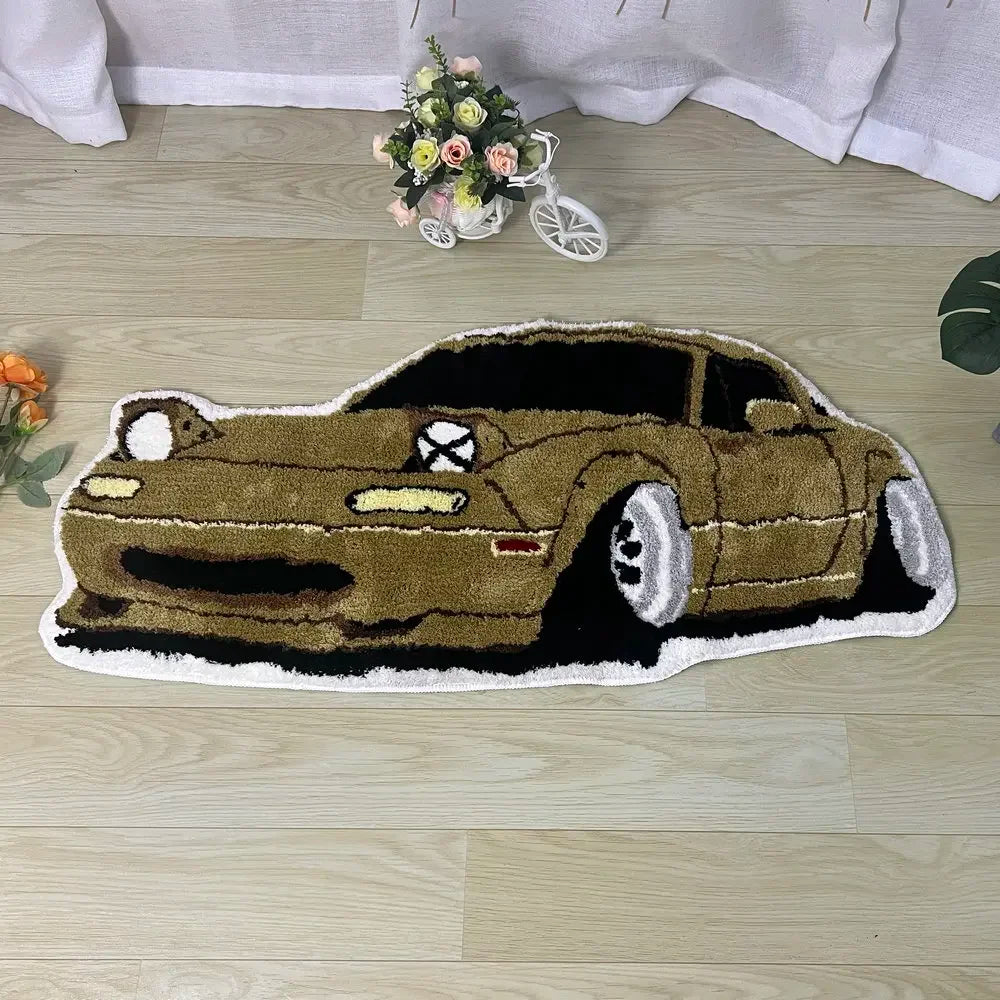 Racing Car Rug, Soft Tufted Sports Car Carpet with Anti-Slip Design, Modern Polyester Floor Mat for Living Room, Bedroom, Hallway & Bedside Decor