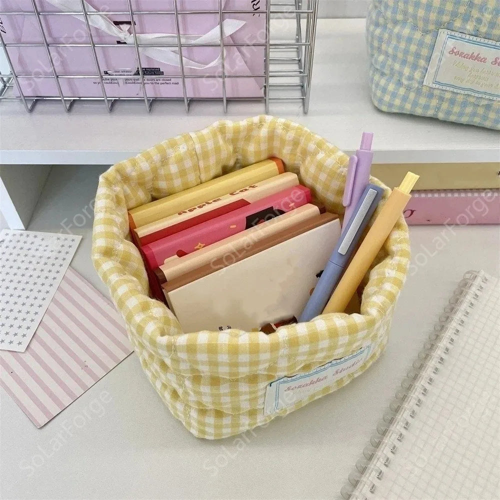 Plaid Fabric Storage Basket Household Cosmetics Stationery Toy Decorative Bins Ins Washable Miscellaneous Storage Basket