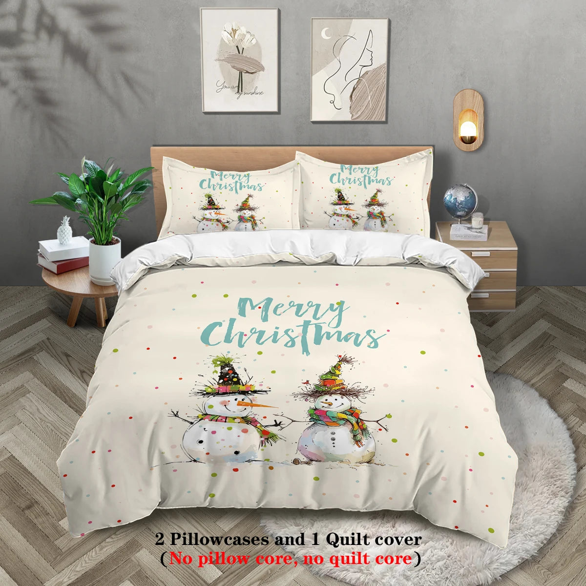 Christmas Snowman Bedding Set – 3-Piece Printed Duvet Cover & 2 Pillowcases, Festive Holiday Bedding for Teens & Adults