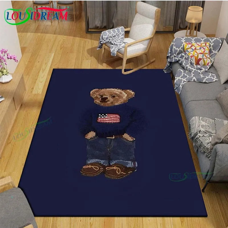 Cute Bear Cartoon Area Rug, 3D Printed Polyester Crystal Velvet Carpet with Non-Woven Backing, Kids Bedroom & Living Room Mat for Playroom, Home & Decor