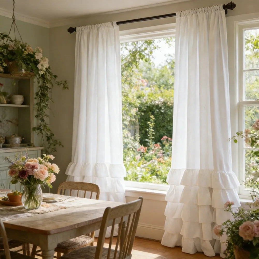 Pleated Ruffled Sheer Curtains 1–2pcs, Soft Layered Lace-Style Polyester Drapes with French Romantic Design, Privacy Light-Filtering Curtains for Living Room, Bedroom & Door
