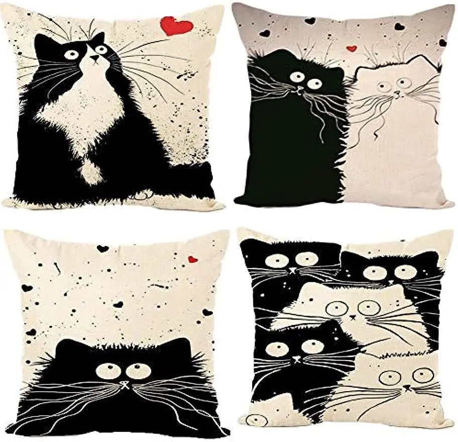 Cute Cat Linen Pillow Cover 45×45cm, Printed Square Decorative Cushion Case with Hidden Zipper, Linen-Cotton Sofa Pillowcase for Living Room, Bedroom, Chair & Home Decor