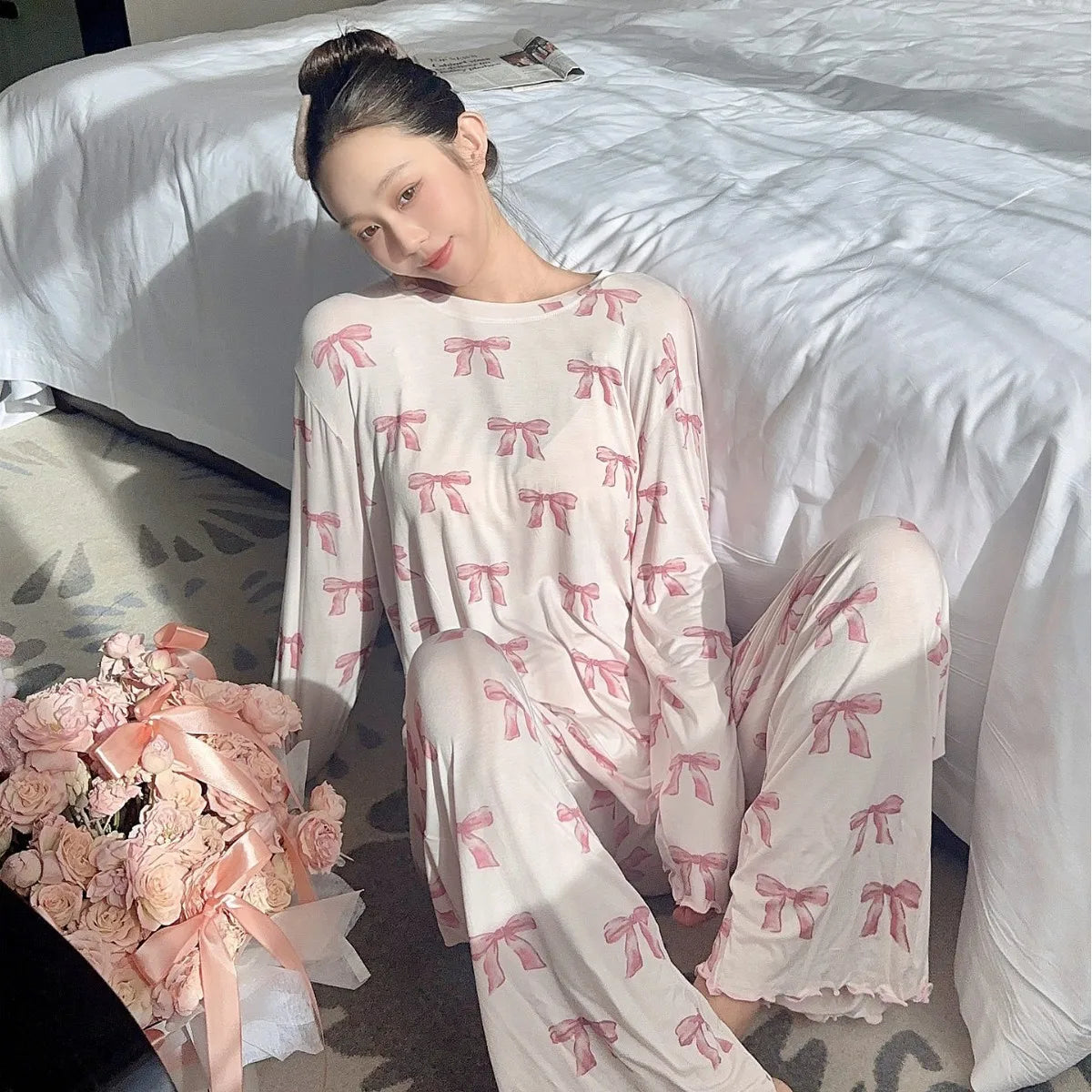 ComfortableJapanese Style Pajamas Soft Modal Sleepwear Long Sleeve/Straps Pants Home Clothes Suit Sweet Bow Print Loungewear