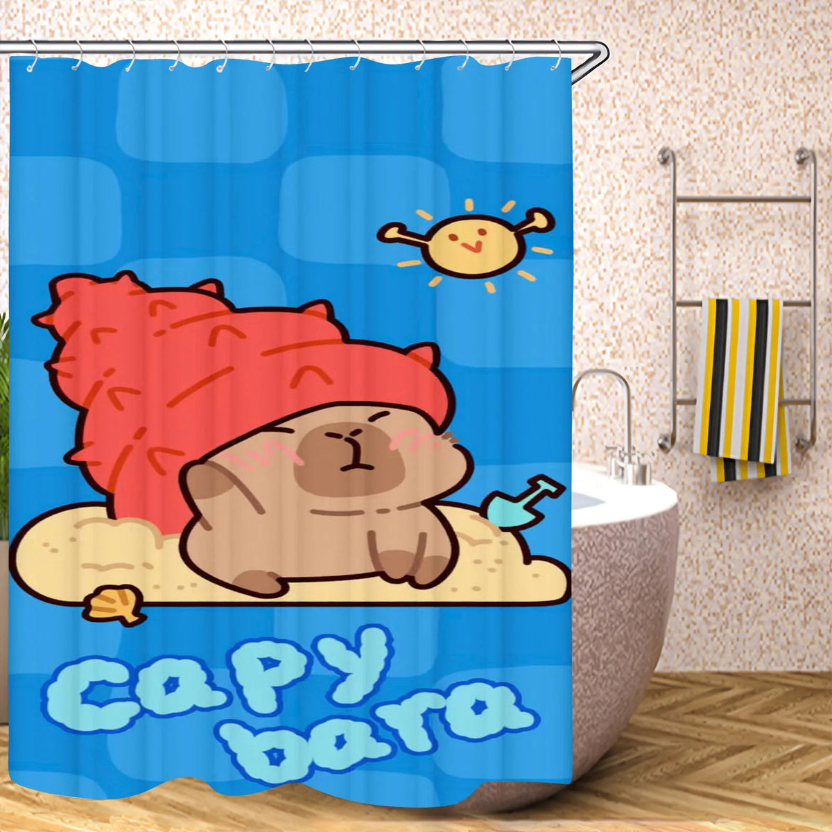 Cute Capybara Shower Curtain, Funny Cartoon Waterproof Bathroom Curtain with Plastic Hooks, 100% Polyester Mildew-Resistant Curtain for Modern Bathroom Decor