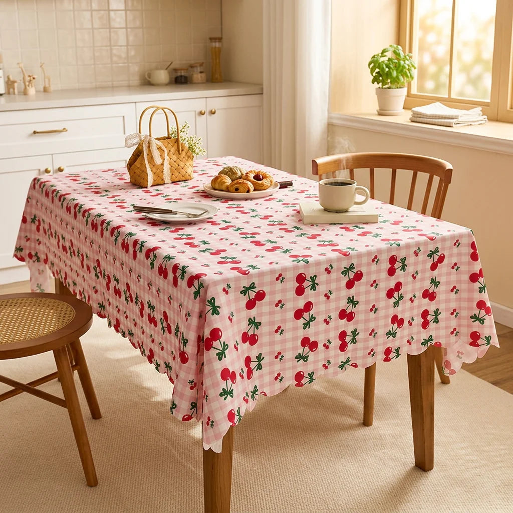 Pink Cherry Tablecloth – Waterproof & Oilproof 100% Polyester Dining Table Cover, Washable Reusable Kitchen Table Decor for Home & Parties