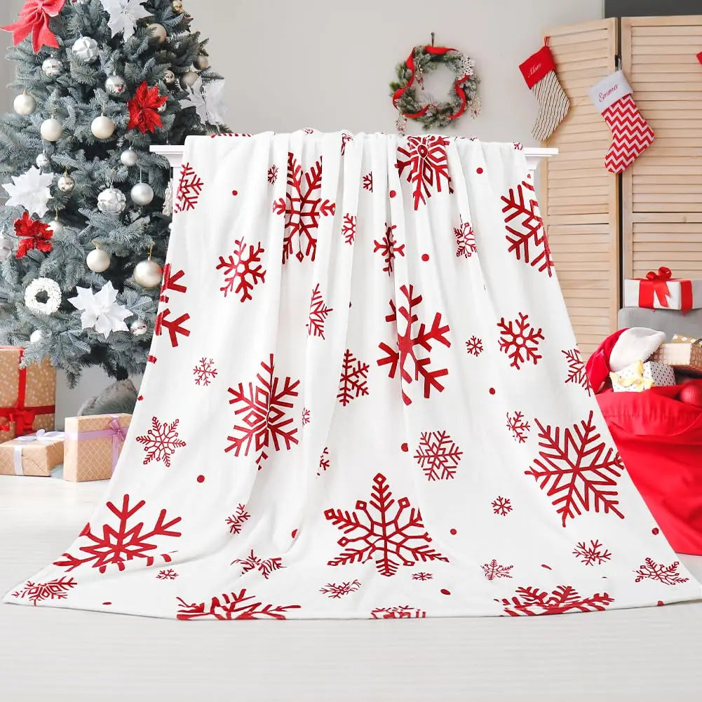 Christmas Throw Blanket, Red Snowflake Printed Flannel Fleece Blanket, Super Soft Plush Fuzzy Winter Blanket for Bed, Sofa, Couch & Holiday Home Decor