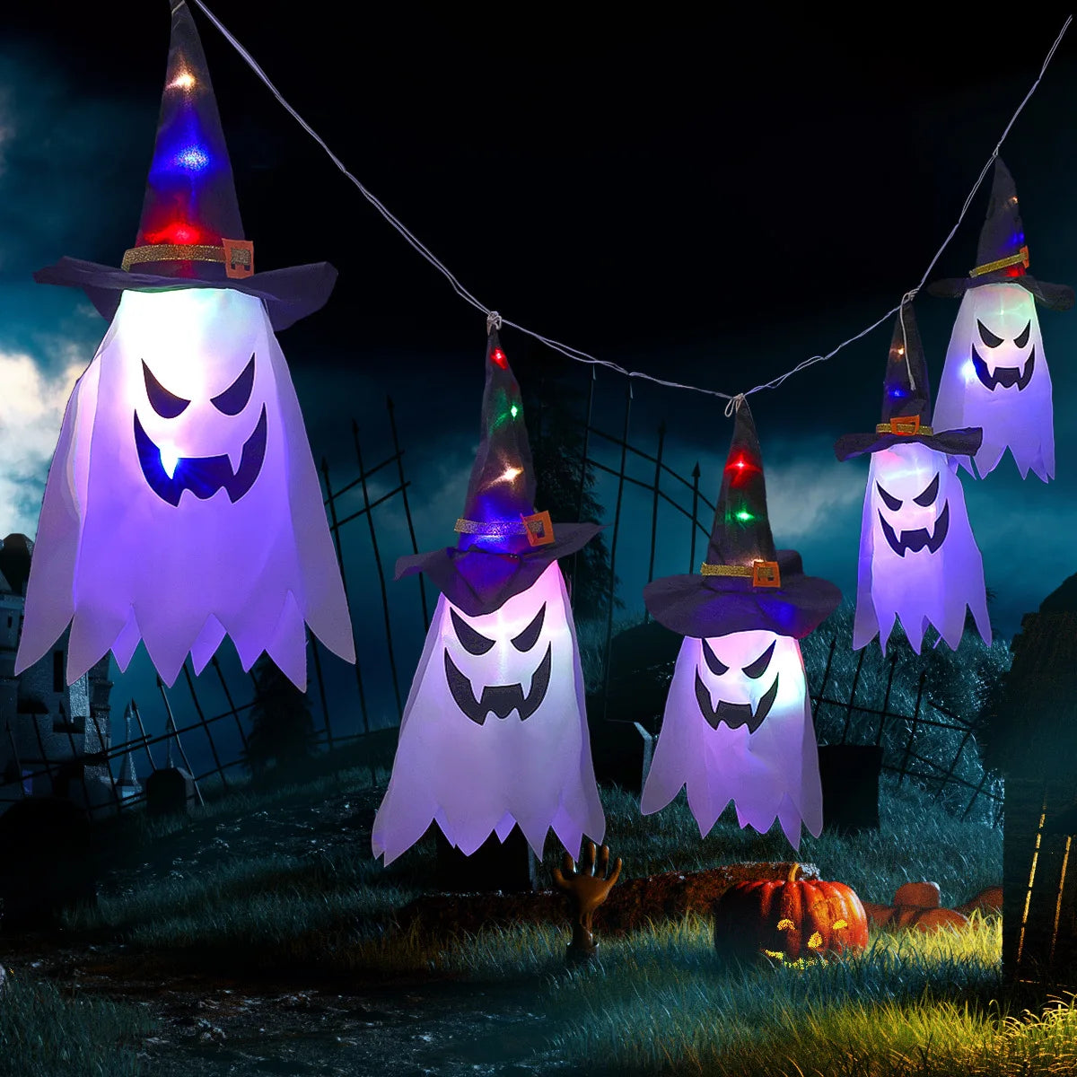 Halloween Glowing Witch Hat Lanterns Hanging Decor for Garden Porch Room Indoor Outdoor Holiday Party Props Decor,Ghost Light