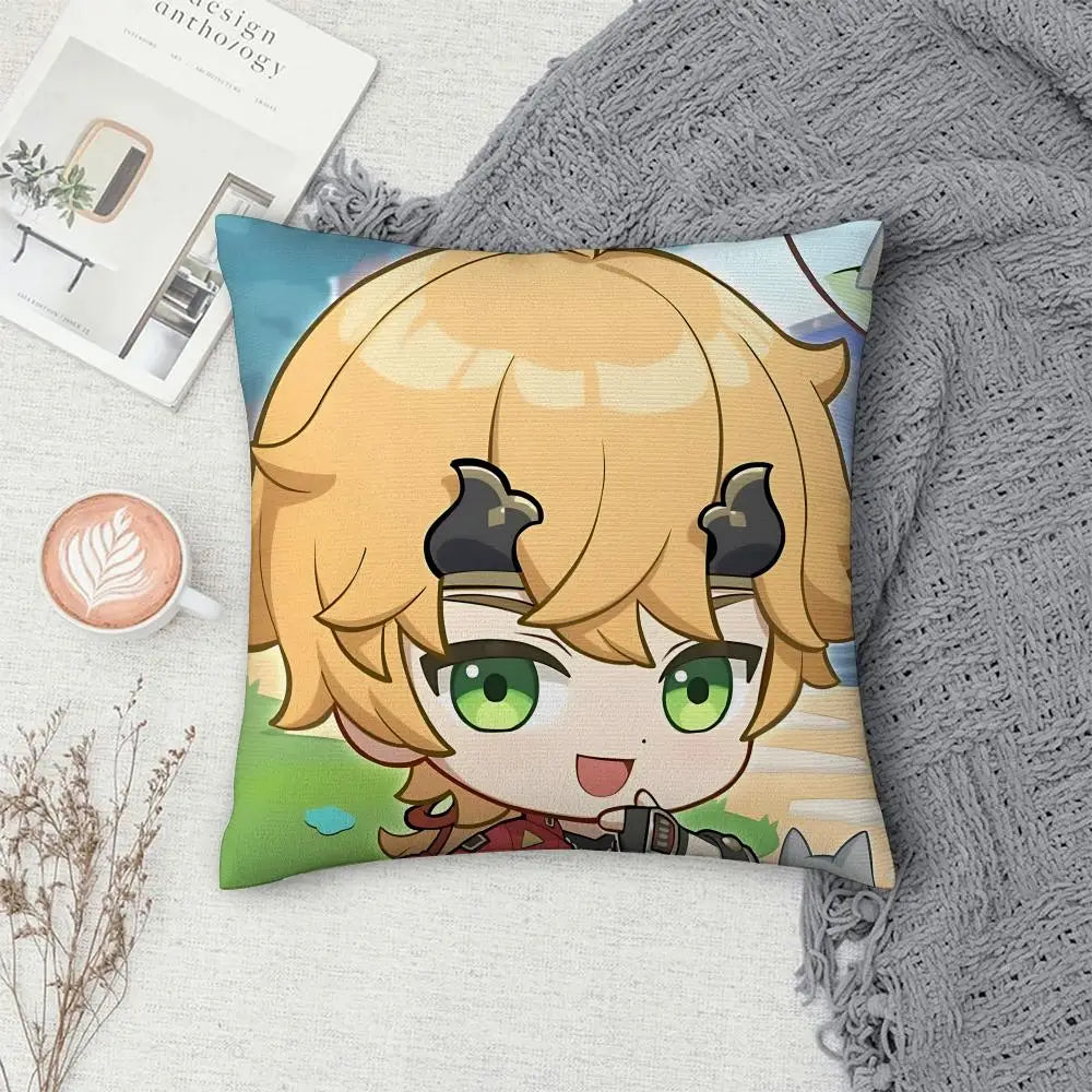 Thoma Genshin Impact Cushion Cover 40×40cm, Cute Anime Game Pillowcase with Double-Sided Print & Invisible Zipper, Soft Polyester Short Plush Sofa Pillow for Bedroom & Living Room Decor