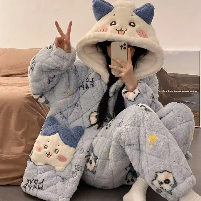 Anime chiikawa autumn and winter girls' pajamas cartoon hachiware cotton and plush thick warm hooded coral fleece home clothes