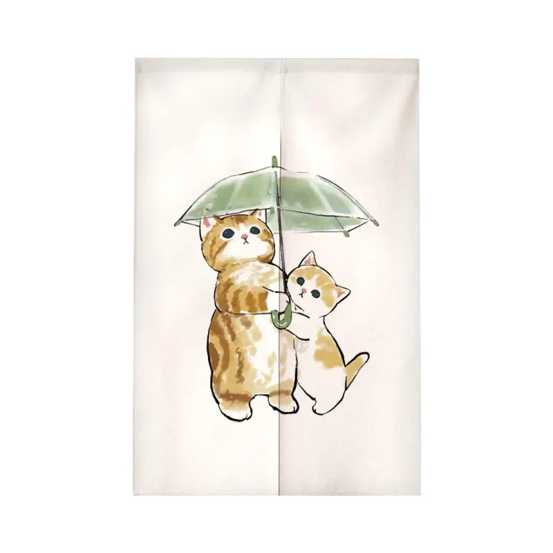 Funny Cat Japanese Noren Door Curtain, Cute Cartoon Hanging Half Curtain for Kitchen, Living Room & Restaurant, Polyester Room Divider for Doorway & Entrance Decor