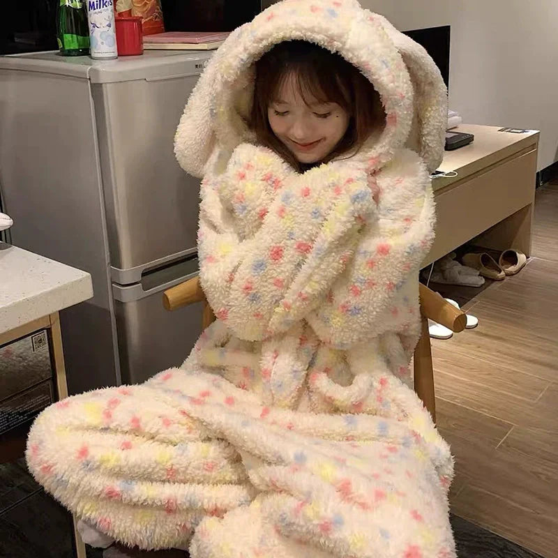 Thickened Winter Pajamas Onesie Coral Fleece Hooded Sleepwear for Cute Girls And Men Home Clothes Outdoor Wearable Cartoon Print