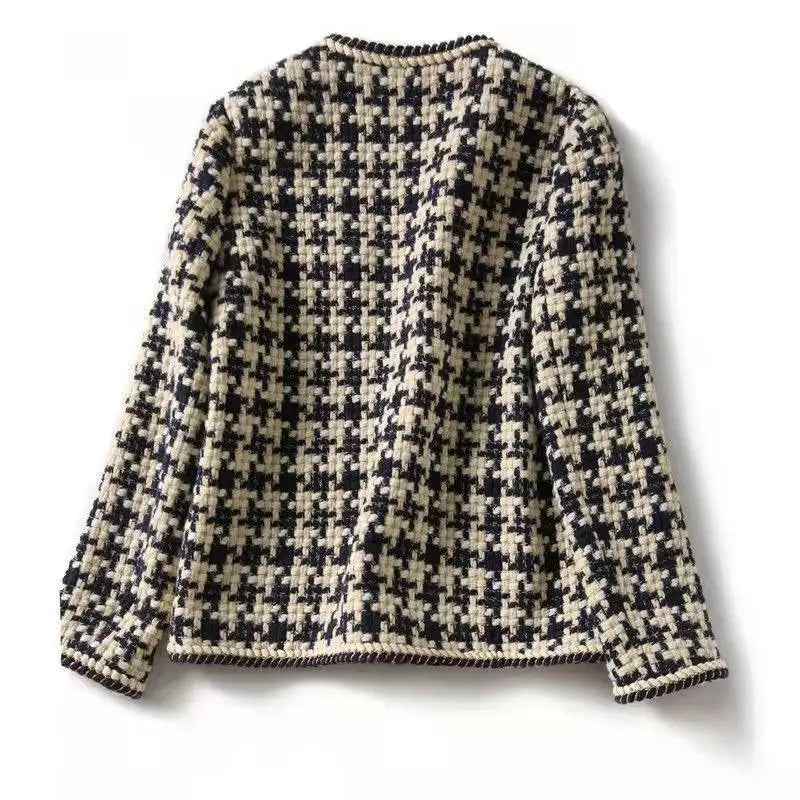 Women's Houndstooth Tweed Jacket - Black & Cream Collarless Cardigan Coat with Rope Trim