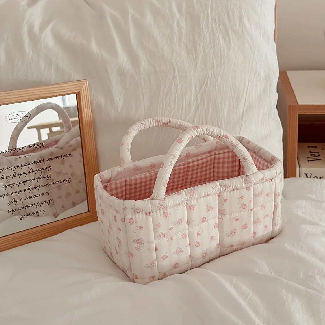 Floral Fabric Storage Basket INS Korean Style Portable Handheld Organizer Cute Pretty Desktop Storage Bin for Girls Sundries