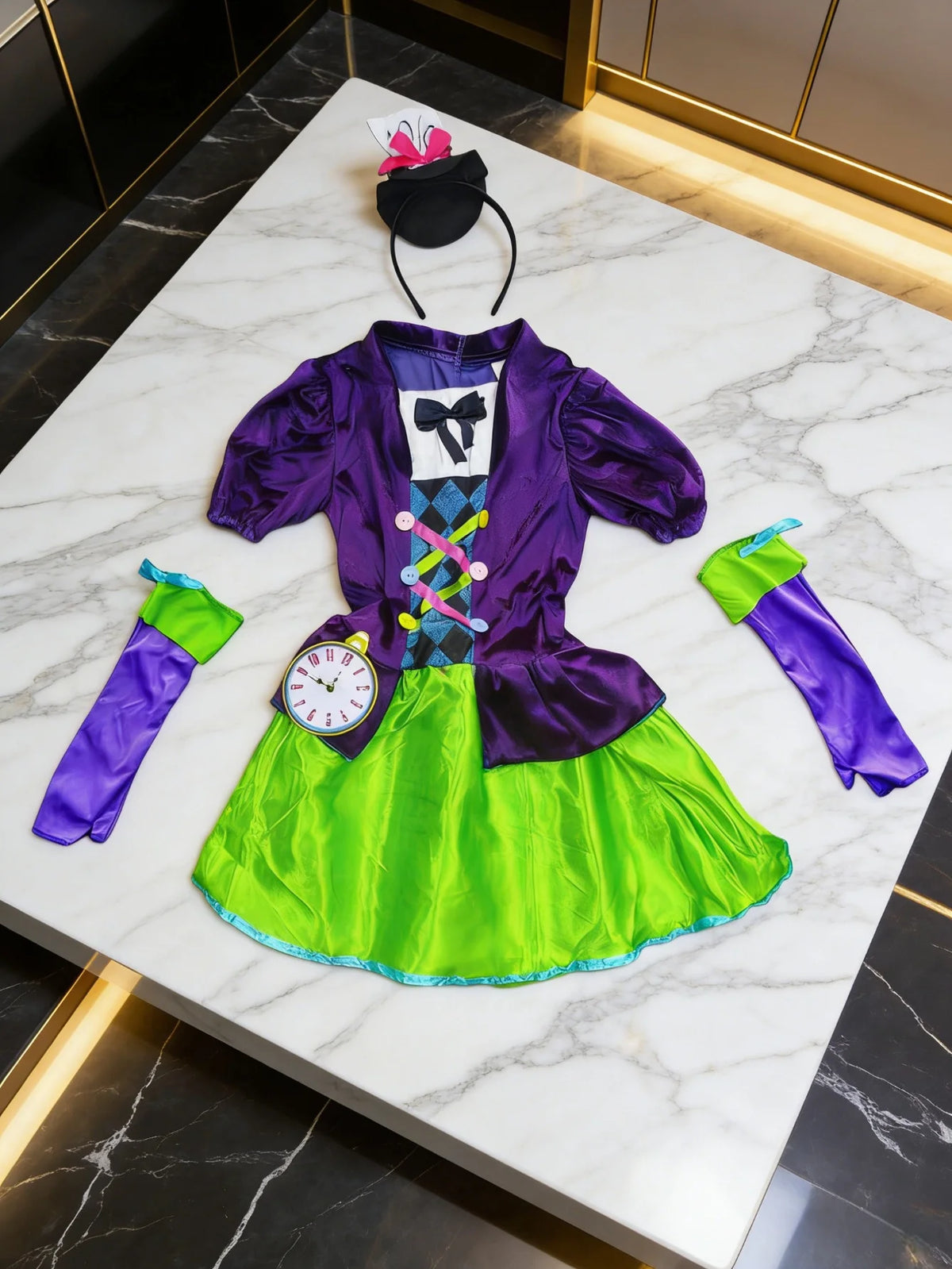 Girls fancy themed costume set with dress, headband and gloves, kids Halloween outfit for party role‑play.