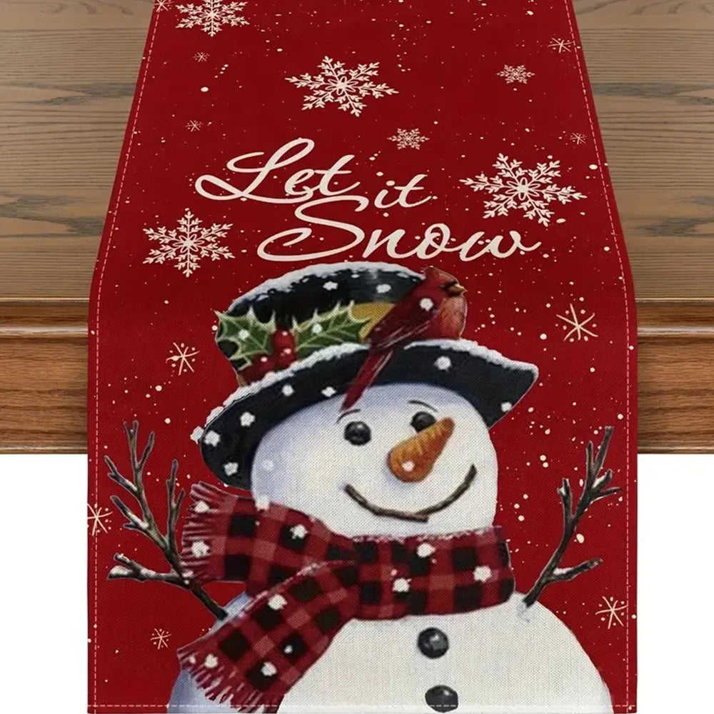 Christmas Table Runner with Santa & Snowman Design, Festive Holiday Dining Table Decor for Christmas & New Year, Cartoon Winter Table Cover for Home, Party & Celebration