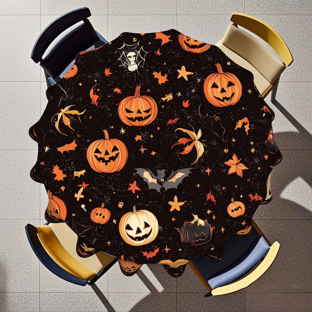 Halloween Round Tablecloth – 2D Printed Pumpkin & Bat Table Cover, Waterproof Polyester Table Decor for Kitchen, Dining Table & Party