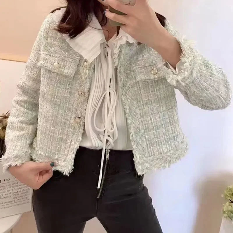 HJLZWB New Fashion Korean Chic Vintage Tweed Woolen Jacket Coat Women
