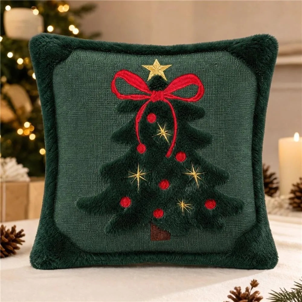Christmas Tree Cushion Covers with 3D Embroidered Bow & Star, Soft Plush Velvet-Style Pillowcases, Festive Holiday Throw Pillow Covers for Sofa, Bed & Home Decor