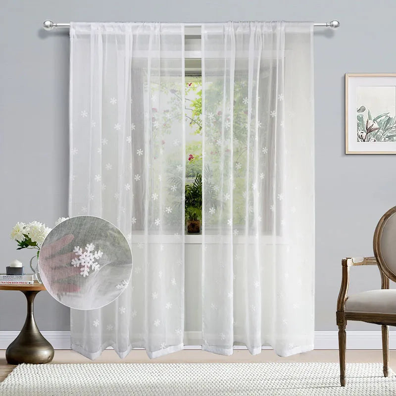 Christmas Snowflake Embroidered Tulle Curtain, White Romantic Imitation Linen Sheer Window Drapes, Elegant Translucent Curtain for Living Room, Bedroom & Holiday Decor