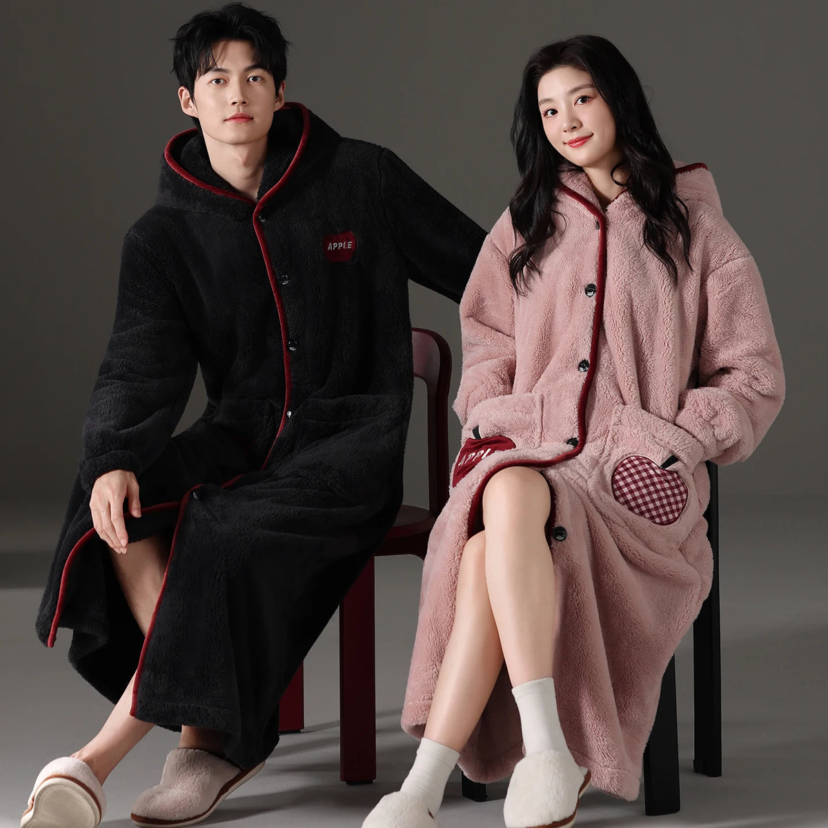 Couple Hooded Coral Fleece Pajama Set Thick Warm Sleepwear Female and Male Soft Coral Velvet Robe