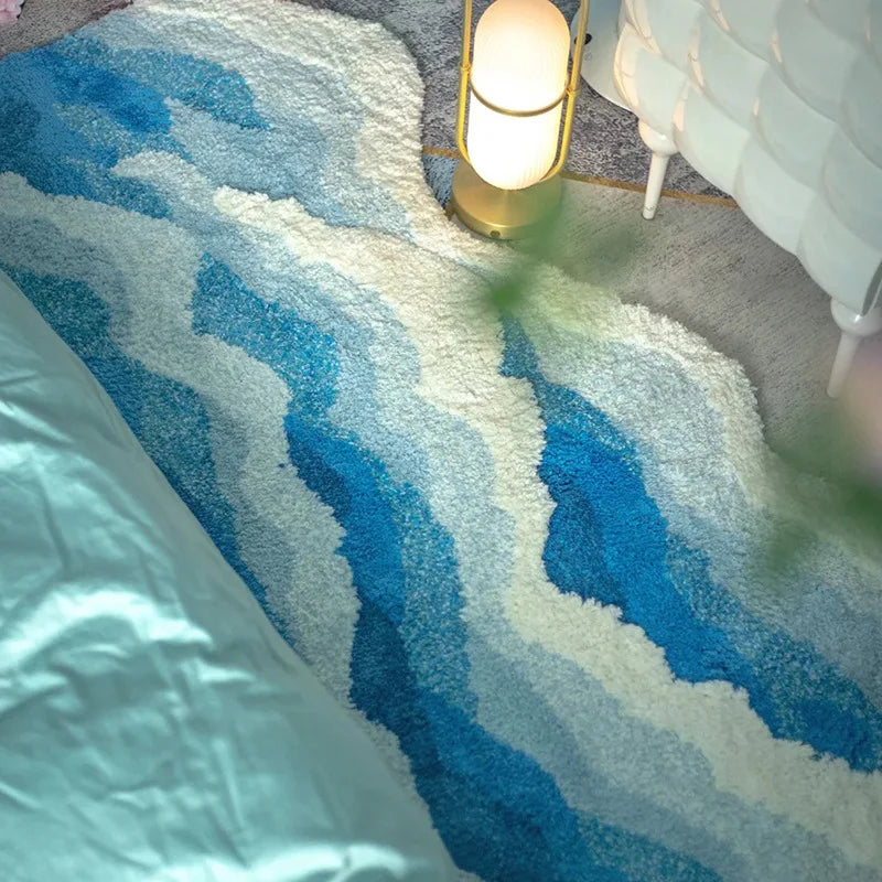 Aesthetic Wave Rug 50×80–70×160cm, Blue Ocean Tufted Polyester Carpet with Anti-Slip Backing, Soft Scenic Floor Mat for Bathroom, Bedroom, Living Room & Kids’ Room