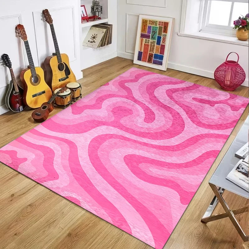 Pink Heart & Swirl Area Rug, Aesthetic Geometric Polyester Flannel Carpet with Non-Slip PP Backing, Soft Decorative Floor Mat for Bedroom, Living Room & Home Decor