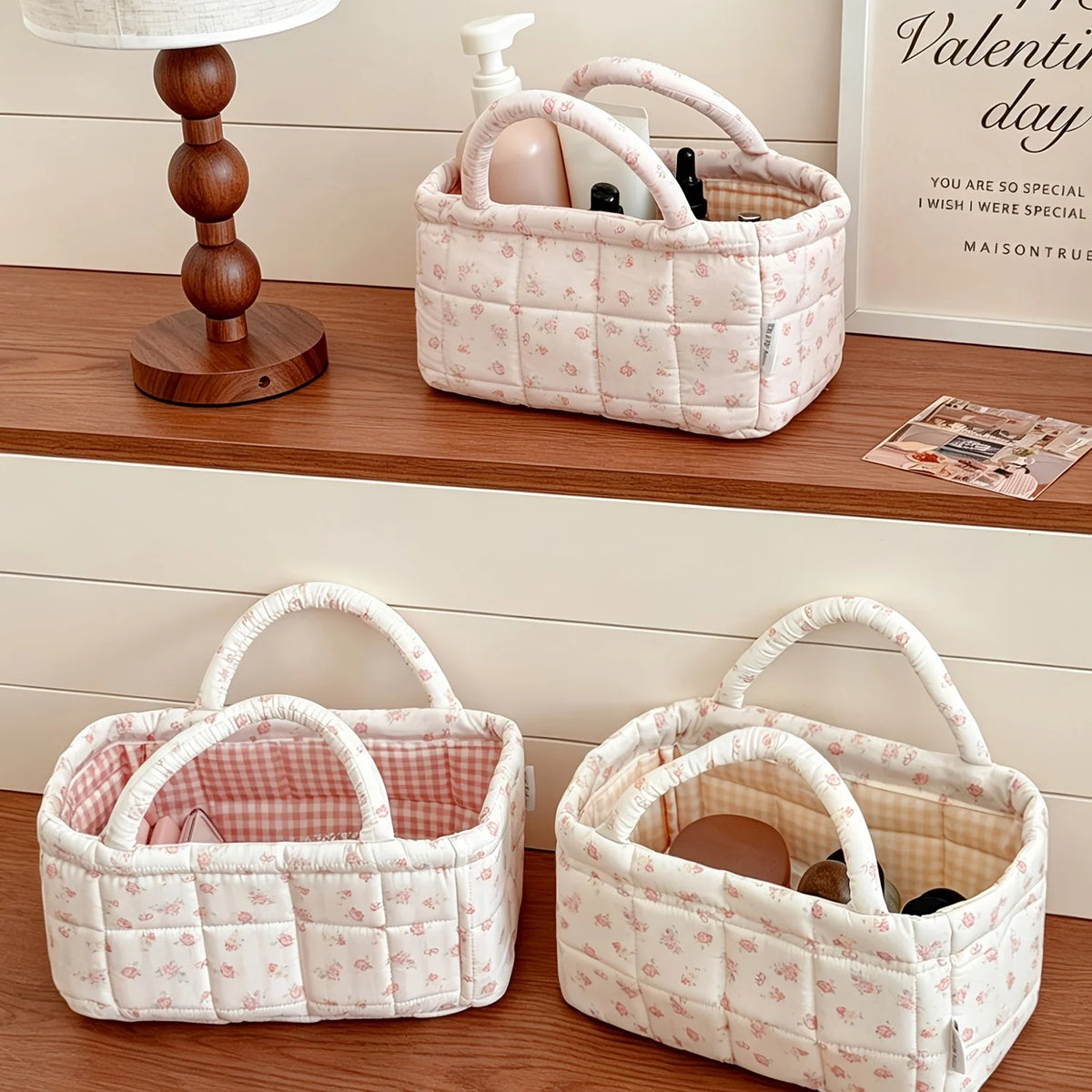 Floral Fabric Storage Basket INS Korean Style Portable Handheld Organizer Cute Pretty Desktop Storage Bin for Girls Sundries