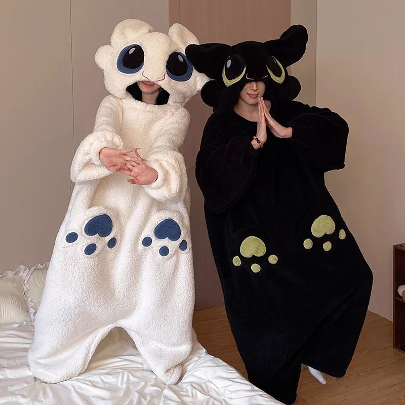 Cartoon Couples Matching Thiened Coral Fce Pajamas Spwear Women's Long Sve Hooded Home Clothes Warm Flannel Onesize Cos Costumes