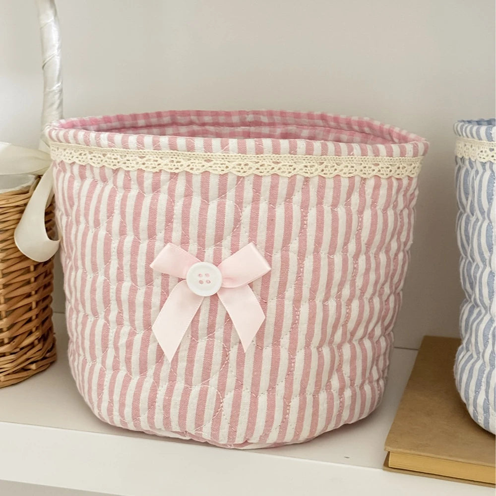 Cute Quilted Fabric Storage Basket – Foldable Round Desktop Organizer | Boho Home Decor