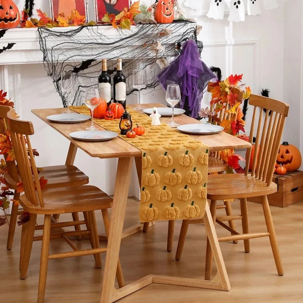 Halloween Pumpkin Table Runner 33×183cm, Soft 3D Tufted Polyester Table Cover, Rectangular Fall Dining Table Decor for Halloween Party, Kitchen & Home