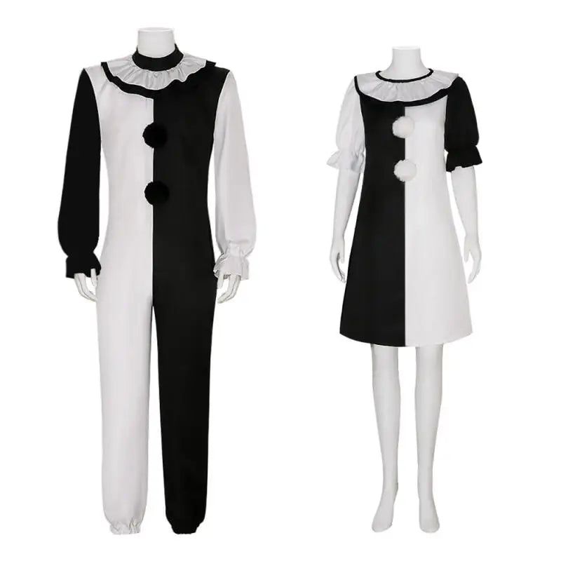 Halloween Black White Clown Couple Costume, Cosplay Role Play Jumpsuit & Dress for Party Carnival