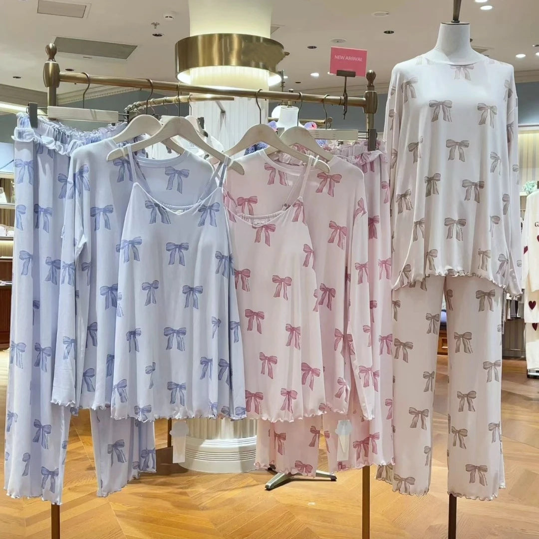 ComfortableJapanese Style Pajamas Soft Modal Sleepwear Long Sleeve/Straps Pants Home Clothes Suit Sweet Bow Print Loungewear