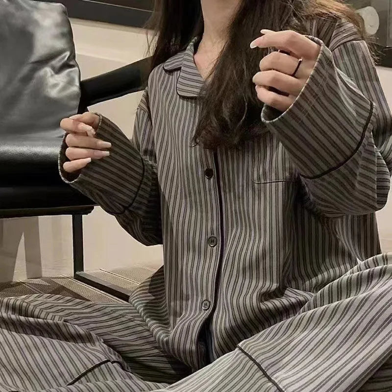 Pajamas for Women in Spring and Autumn Long Sleeved Striped Thin Design Can Be Worn Externally Student Sleepwear Two Piece Set