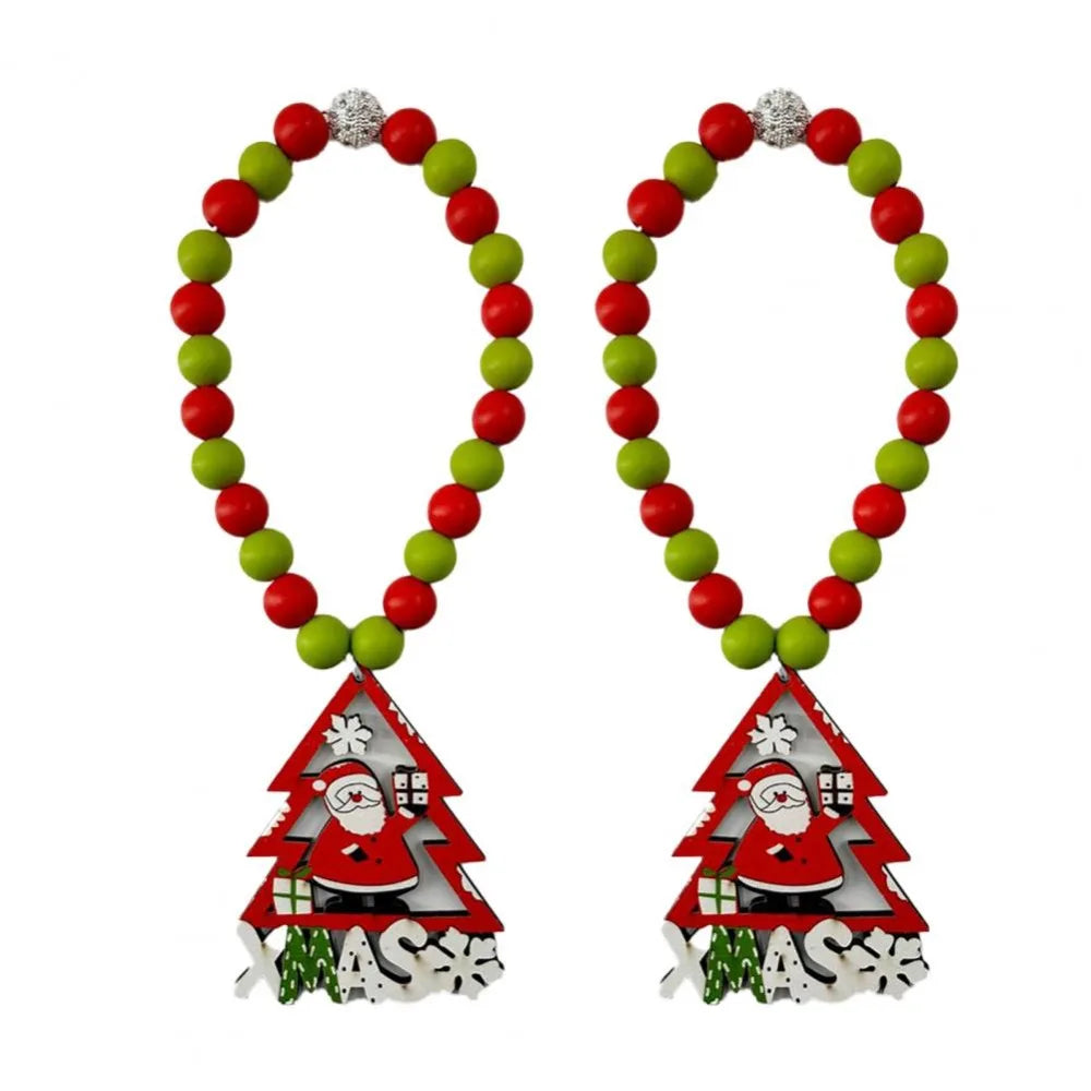 Christmas Curtain Tiebacks 38cm, Boho Wooden Bead Curtain Holdbacks with Alloy Accents, Reusable No-Drill Curtain Ties in Red & Green for Holiday Home Decor