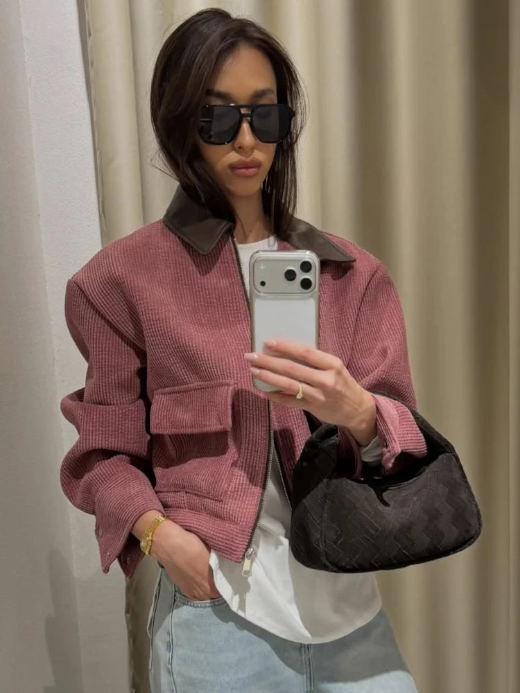 Women’s Pink Loose Fit Casual Jacket – Spring Streetwear Outerwear