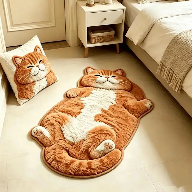 Cat-Shaped Area Rug, Cute Cartoon Crystal Velvet Floor Mat with Suede Backing, Soft Absorbent Decorative Carpet for Bedroom, Living Room, Kids’ Room & Entryway
