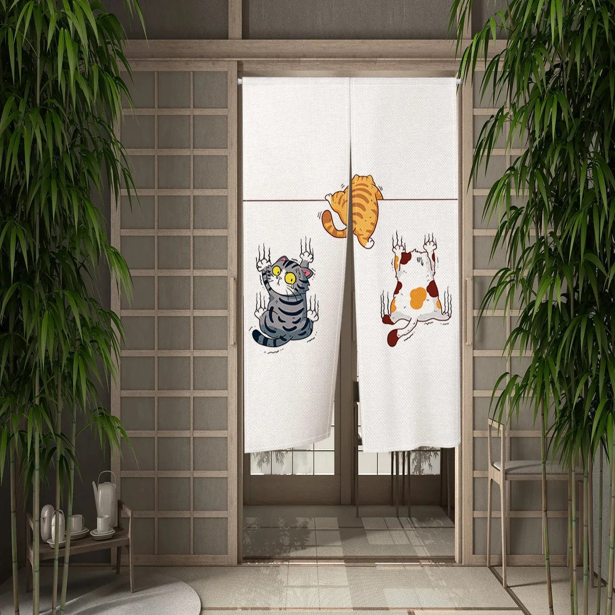 Cute Cat Door Curtain, Cartoon Printed Short Door Curtain for Kitchen & Dining Room, 1-Panel Polyester Room Divider for Home, Cafe & Office Decor