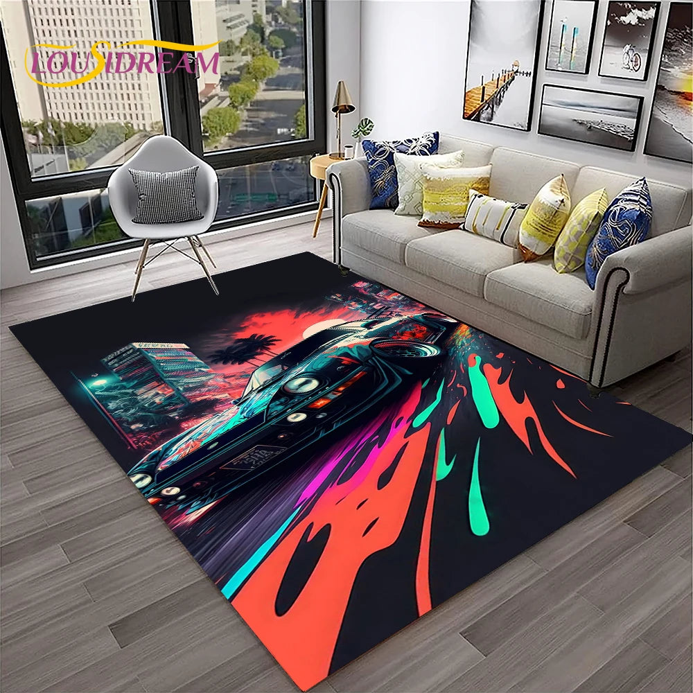 Sports Car Racing Rug, 3D Printed Cartoon Polyester Crystal Velvet Carpet with Non-Woven Backing, Kids Playroom Floor Mat for Bedroom, Living Room & Home Decor