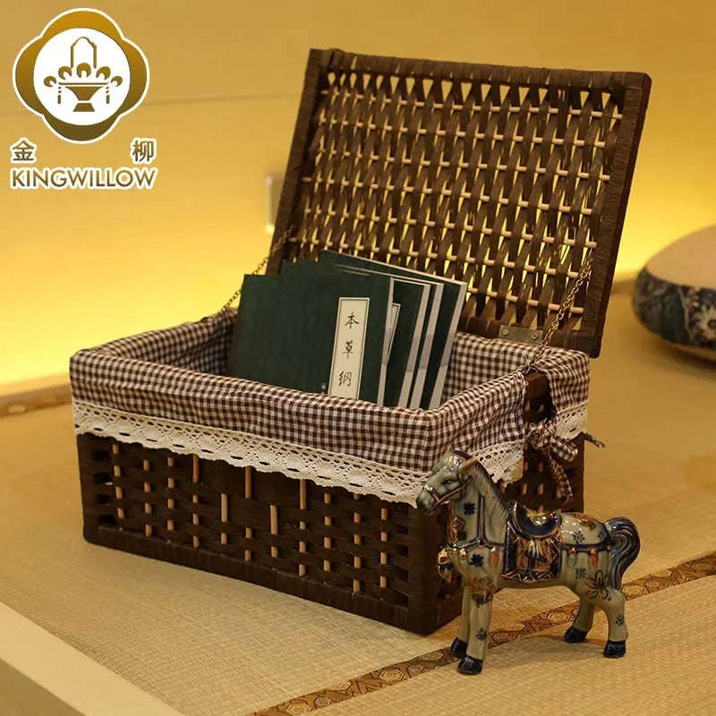 Handmade Woven Rattan Storage Basket with Lid Multipurpose Desktop Organizer Box Rectangular Bamboo Bin for Office Decor